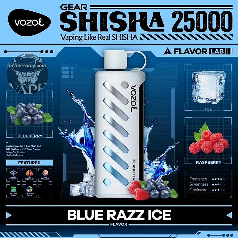 Image promotionnelle pour Vozol Gear Shisha 25000 présentant un appareil de vapotage avec une saveur Blue Razz Ice, soulignée par des éléments de myrtille, de framboise, de glace et diverses fonctionnalités comme une bobine à double maille et un écran couleur.