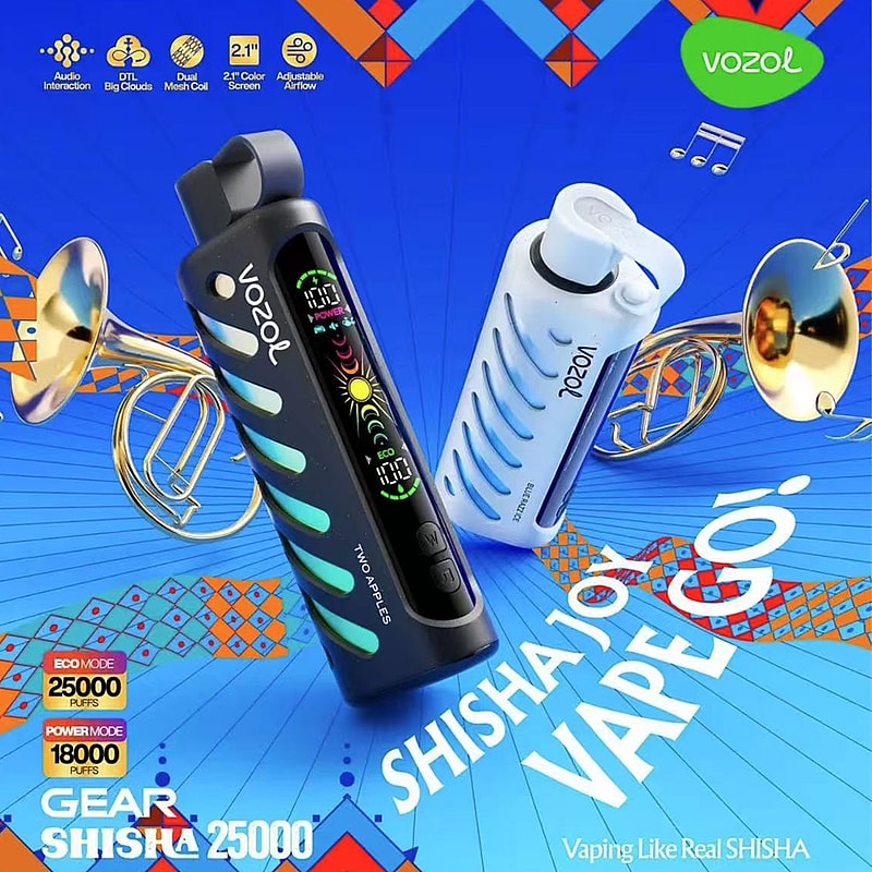 Publicité colorée présentant deux appareils de vapotage Vozol avec un fond à motifs bleus et des éléments musicaux, mettant en valeur des fonctionnalités telles qu'un écran couleur de 2,1 pouces et un flux d'air réglable.