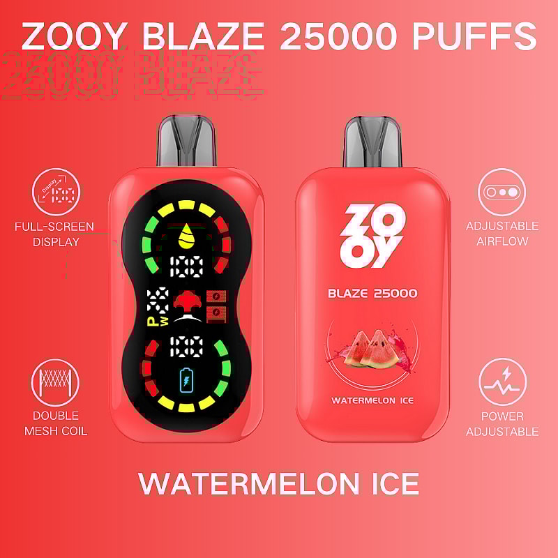 Gráfico promocional que muestra el dispositivo de vapeo desechable Zooy Blaze en rojo, con 25000 bocanadas, una pantalla completa, sabor a helado de sandía, flujo de aire ajustable, bobina de doble malla y opciones de ajuste de potencia.