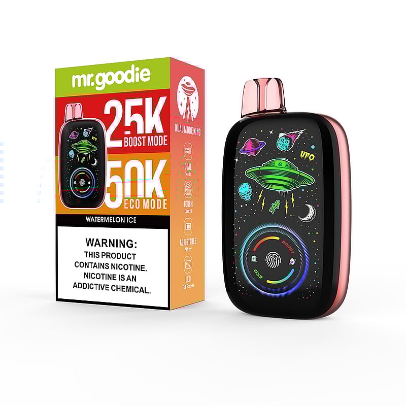Un dispositivo de vapeo Mr. Goodie con gráficos vibrantes de temática extraterrestre exhibido junto a su empaque, que resalta características como modos duales, flujo de aire ajustable, malla doble y advertencia de nicotina.