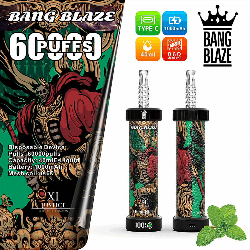 Imagen promocional del dispositivo de vapeo desechable Bang Blaze con 60.000 bocanadas, capacidad de 40 ml de e-líquido, batería de 1000 mAh y bobina de malla de 0,6 ohmios, con un diseño decorado intrincado y una ilustración con sabor a menta.