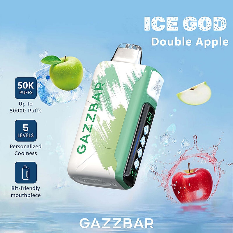Promotional image for GAZZBAR Ice God Double Apple vaping device showing the product with green and white design alongside graphics of apples and ice cubes, highlighting features such as 50,000 puffs capacity, five coolness levels, and a bit-friendly mouthpiece.