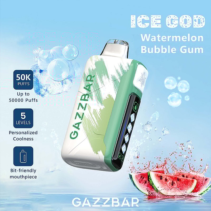 Promotional image of the GazzBar vape device featuring the 'Ice God Watermelon Bubble Gum' flavor, displaying its green-and-white design, digital control panel, and details about 50,000 puffs, five adjustable cooling levels, and a comfortable mouthpiece, against a background with floating bubbles and watermelon slices in water.