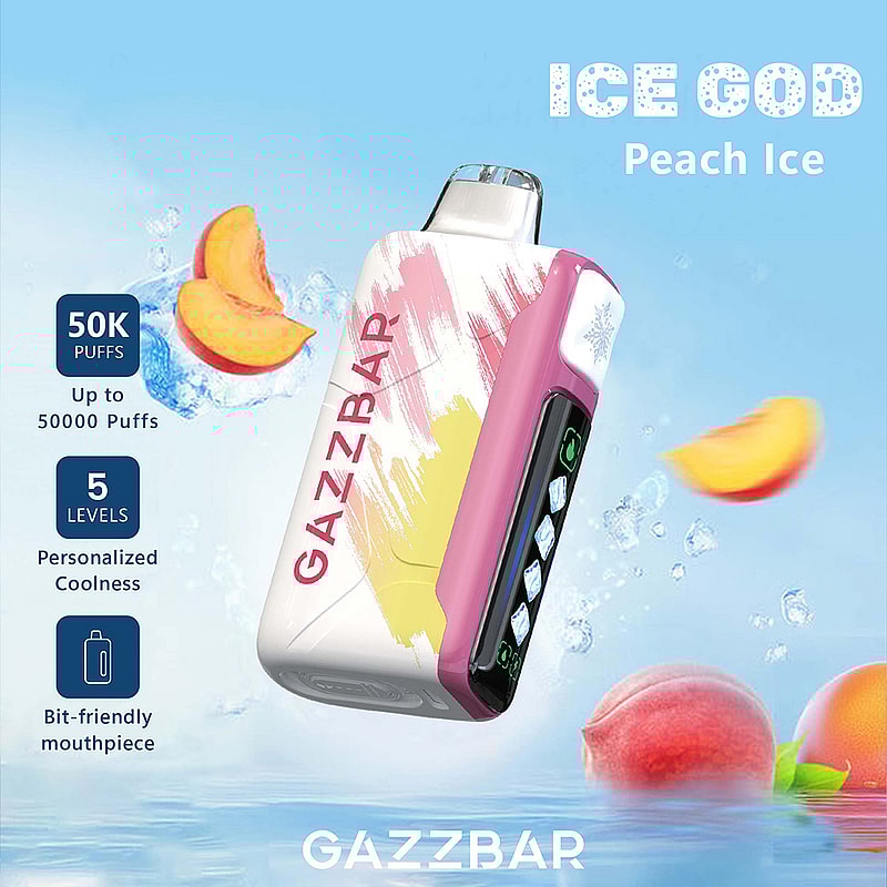 Promotional image of the GazzBar Peach Ice vaping device, showcasing its colorful design, and features including up to 50,000 puffs, 5 coolness levels, and a bit-friendly mouthpiece, with illustrations of peaches and ice cubes in the background.