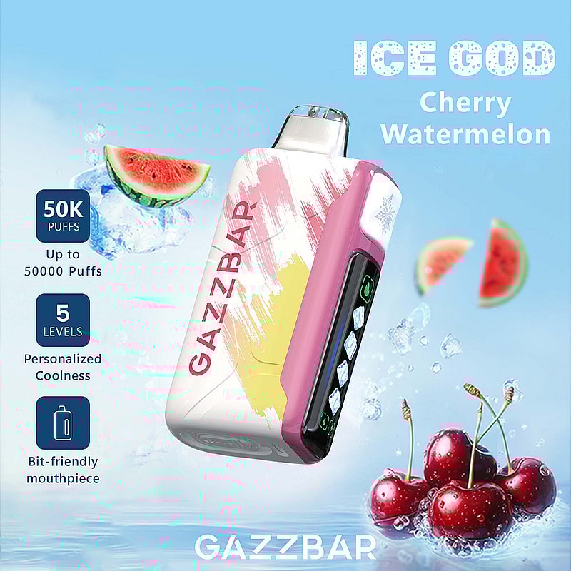 Promotional image featuring the GazzBar electronic vaping device in pink and white, highlighting 50,000 puff capacity, 5 personalized cooling levels, cherry and watermelon flavors, and a bit-friendly mouthpiece.