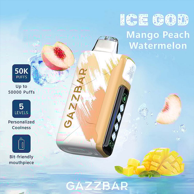 Promotional image of the Gazzbar electronic vaping device flavored as 'Ice God Mango Peach Watermelon,' featuring sleek design with customizable cooling levels, peach and mango fruit graphics, and highlighting features such as a comfortable mouthpiece and up to 50,000 puffs.