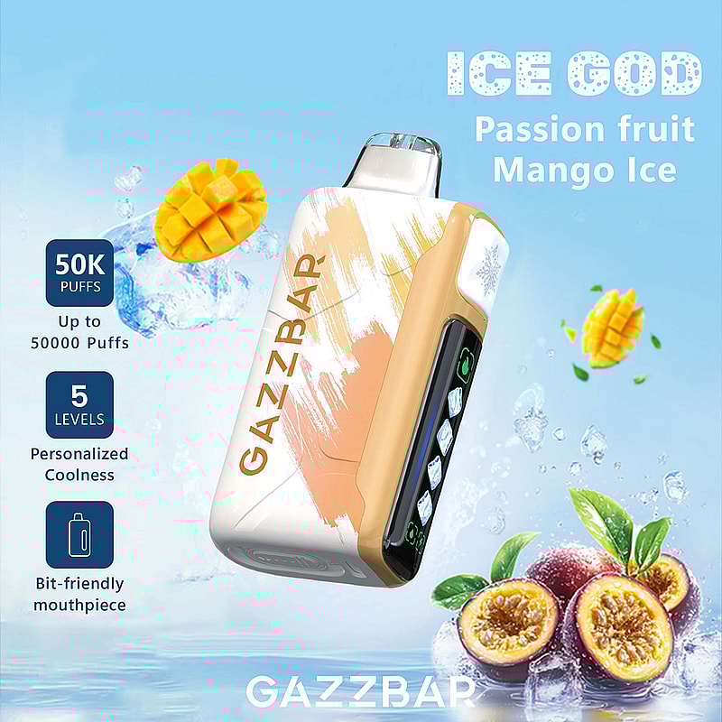 A promotional image showcasing the GazzBar Ice God vape featuring passion fruit and mango ice flavors, highlighting up to 50,000 puffs, customizable cooling levels, and a user-friendly mouthpiece with a sleek device design.