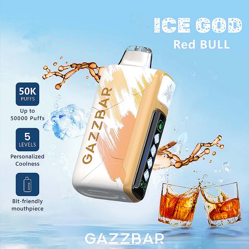 Promotional image for the GAZZBAR vaporizer featuring 50,000 puffs, customizable cooling levels, and a user-friendly mouthpiece with graphics of splashing beverage and ice cubes in the background.