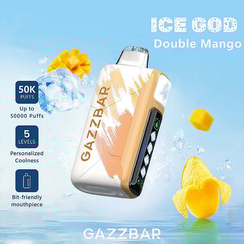 A promotional image for the GazzBar Ice God Double Mango vape, showcasing the device's design alongside mangoes and ice cubes, highlighting features such as 50,000 puffs, adjustable coolness levels, and an ergonomic mouthpiece.
