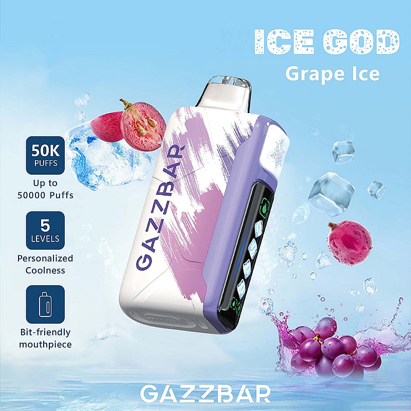 Promotional image for GazzBar ICE GOD vape device featuring the Grape Ice flavor, showcasing a sleek design with purple accents, digital controls, and branding, surrounded by icy cubes and grapes in a splash effect. Text highlights include 50,000 puffs capacity, five levels of personalized coolness, and bit-friendly mouthpiece.