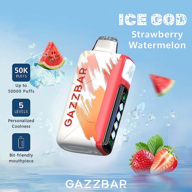 Promotional image of the GazzBar ICE GOD, a vaping device with a white and red design, featuring strawberry and watermelon flavors, up to 50,000 puffs, and customizable coolness levels.