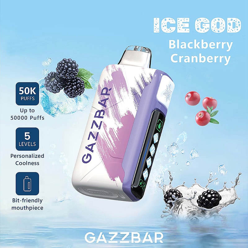 Promotional image displaying the Gazzbar Ice God vaping device in a white and purple design with features such as 50,000 puffs, 5 levels of cooling, and a bit-friendly mouthpiece, alongside illustrations of blackberries, cranberries, and icy splash effects on a blue background.