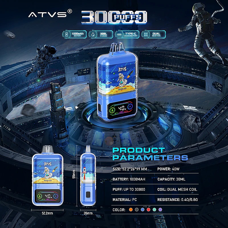 Imagen promocional de ATVS que muestra un vaporizador desechable de 30.000 bocanadas con gráficos de temática espacial, exhibido con especificaciones detalladas del producto sobre un fondo de ciencia ficción futurista.