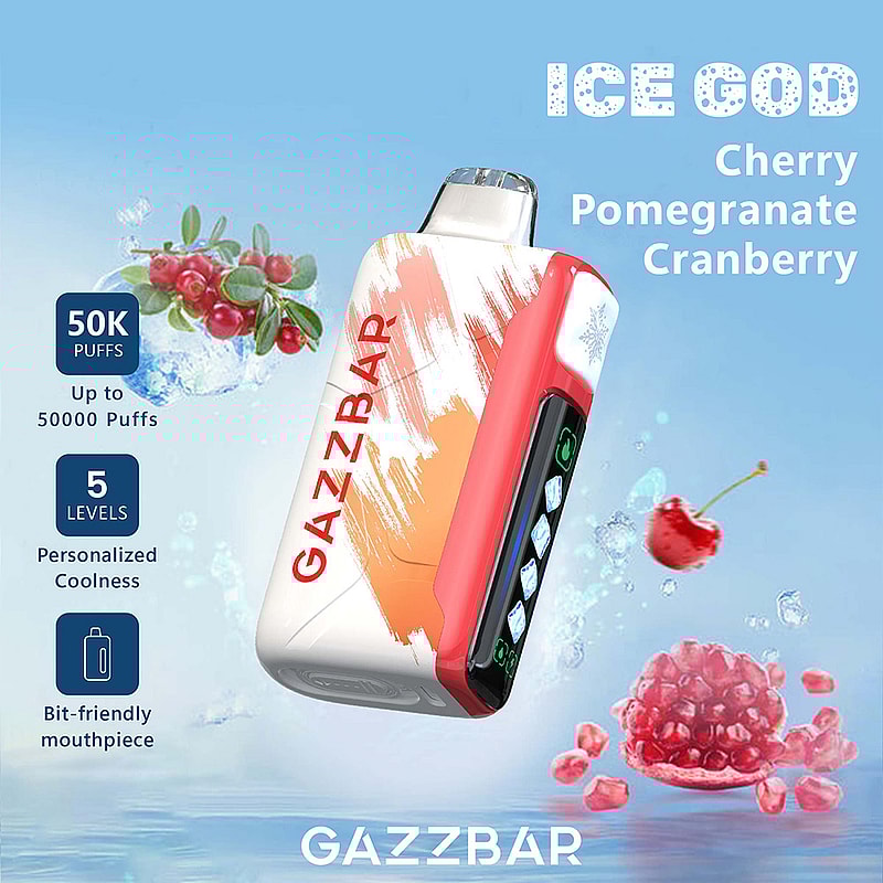 Promotional image of the GAZZBAR Ice God vape featuring cherry, pomegranate, and cranberry flavors, highlighting up to 50,000 puffs, personalized coolness with 5 levels, and a bit-friendly mouthpiece on a cool blue background with fruit motifs.