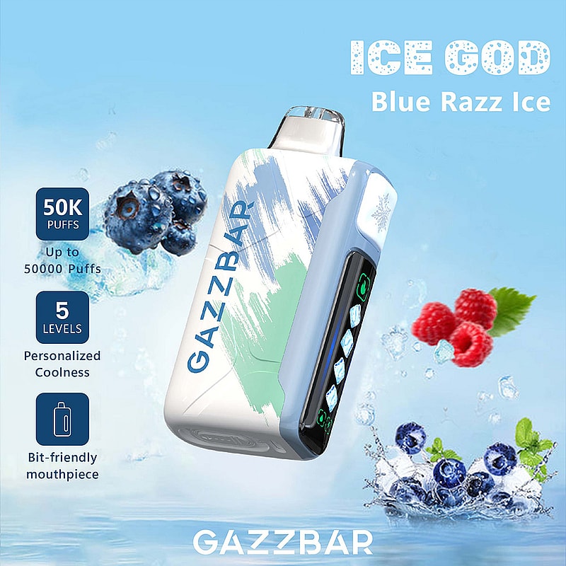 Promotional image featuring the Gazzbar Ice God vaping device, with a Blue Razz Ice flavor theme, showing a sleek design against a backdrop of blueberries and raspberries splashing in water, showcasing features like 50,000 puffs, 5 levels of customization, and a bit-friendly mouthpiece.
