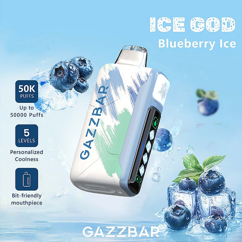 Promotional image for Gazzbar Ice God Blueberry Ice vape device, featuring a sleek blue and green design, surrounded by ice cubes with blueberries, showcasing features such as 50,000 puffs and adjustable cooling levels.