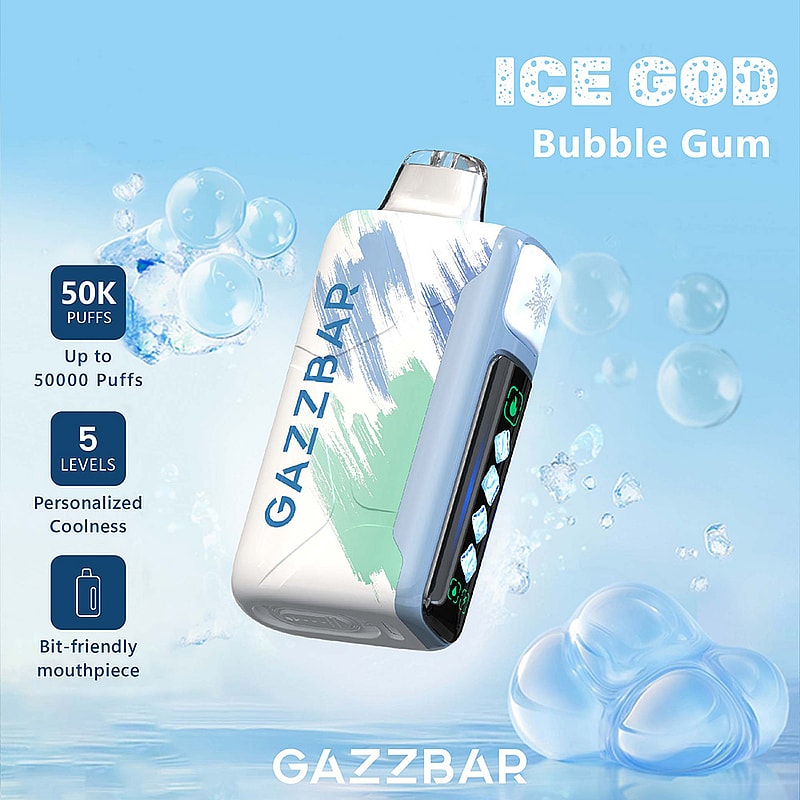 Promotional image of the Gazzbar Ice God Bubble Gum vape device, showcasing features like 50,000 available puffs, five personalized coolness levels, and a bit-friendly mouthpiece, set against a blue background with bubble graphics.