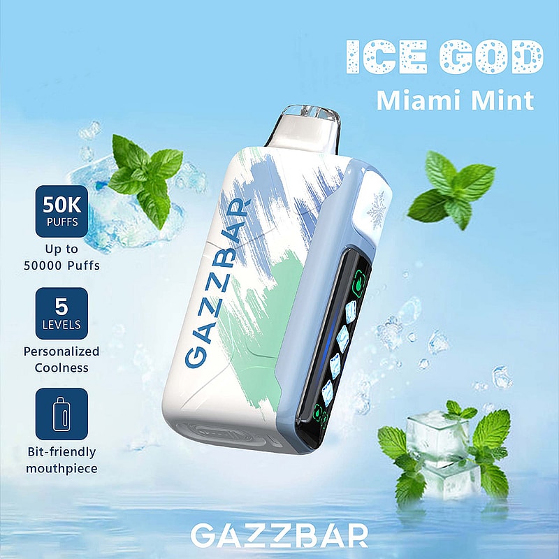 Promotional image of the Gazzbar vaping device in a Miami Mint flavor, featuring a sleek design with up to 50,000 puffs, five levels of personalized cooling, and mint leaves alongside ice cube illustrations in a blue background.