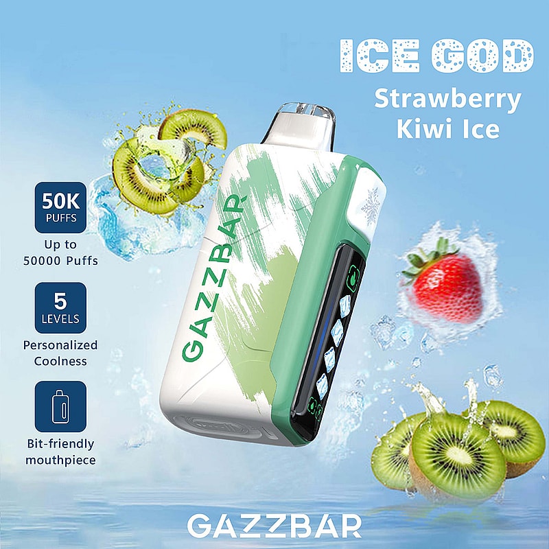 Promotional image depicting the 'GazzBar' electronic vape device with a green and white design, surrounded by kiwi and strawberry visuals to represent the 'Strawberry Kiwi Ice' flavor; marketing highlights feature up to 50,000 puffs, 5 levels of personalized cooling, and a bit-friendly mouthpiece.