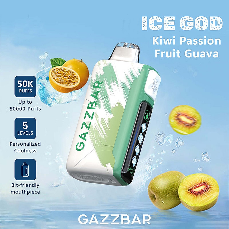 Advertising image showcasing the Gazzbar Ice God vape device with features like 50,000 puffs capacity and customizable cooling levels, surrounded by kiwi, passion fruit, and guava visuals against a blue background.