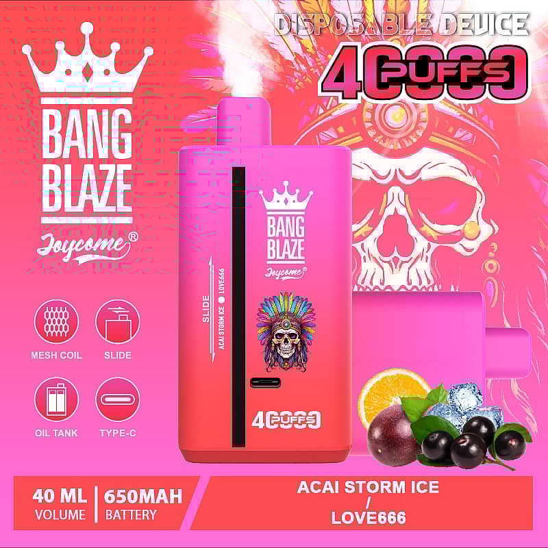 Promotional image for the Bang Blaze disposable vaping device in pink, featuring branding, specifications like 40ml volume and 650mAh battery, and imagery of acai berries, ice cubes, and colorful aesthetics.