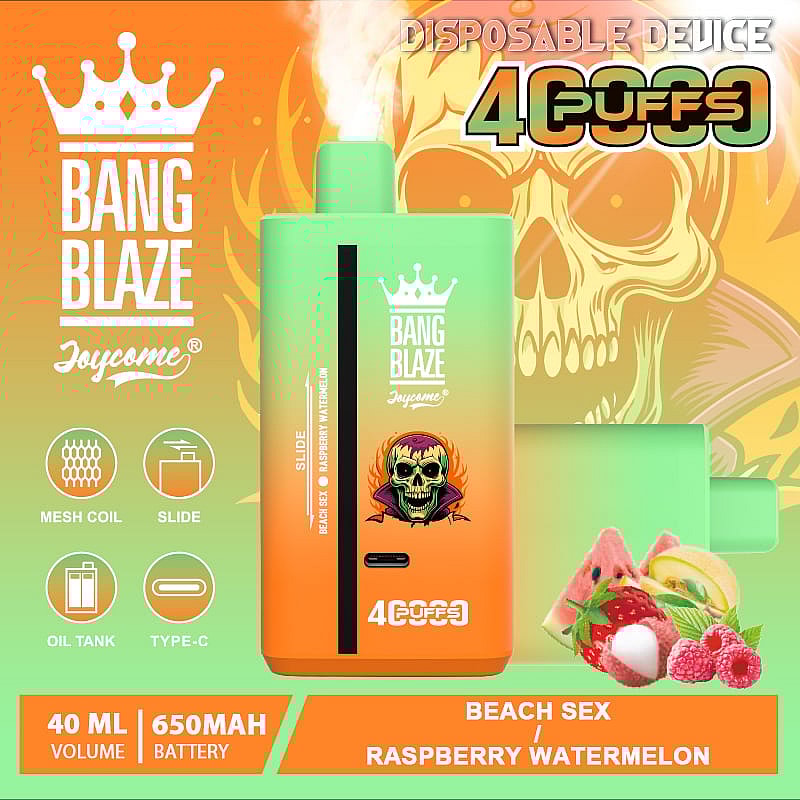 Promotional image of a Bang Blaze disposable vaping device with 4000 puffs capacity, featuring a vibrant design and raspberry watermelon flavor, alongside icons for device specifications including 40 ml volume and 650mAh battery.