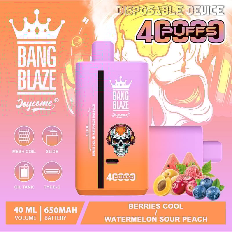 Promotional image featuring the Bang Blaze Joycome disposable vape device with a vibrant purple and orange design, a skull graphic on the front, and details about its features: 40ml capacity, 650mAh battery, 4000 puffs, mesh coil, and a slide mechanism. The flavors highlighted are Berries Cool and Watermelon Sour Peach, accompanied by images of fruit.