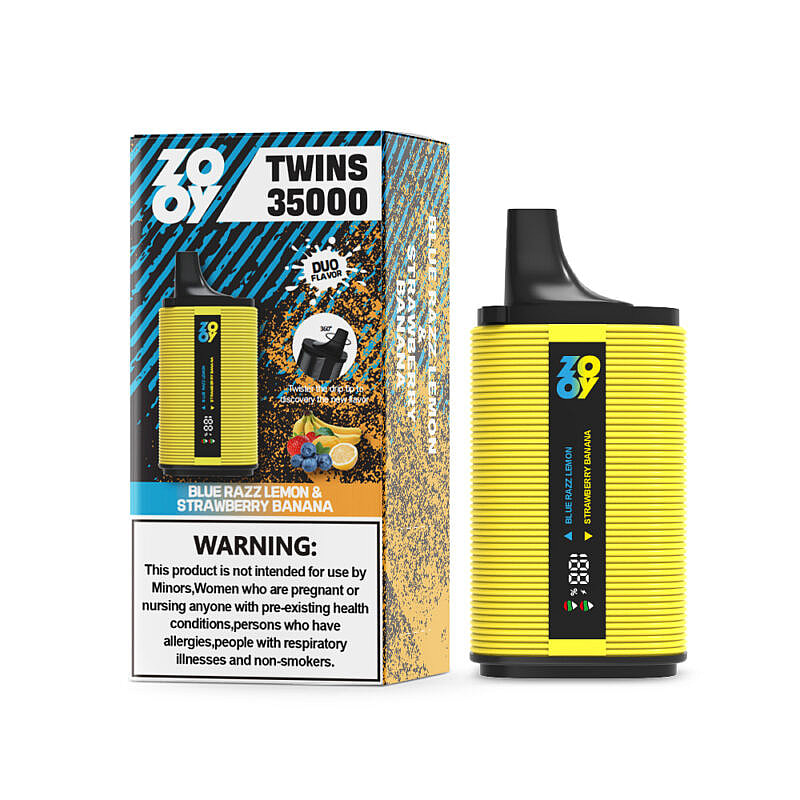 Un dispositivo de vapeo rectangular amarillo etiquetado como 'Zooy Twins 35000', acompañado de un empaque que incluye los sabores Blue Razz Lemon y Strawberry Banana, junto con una sección de advertencias sanitarias.