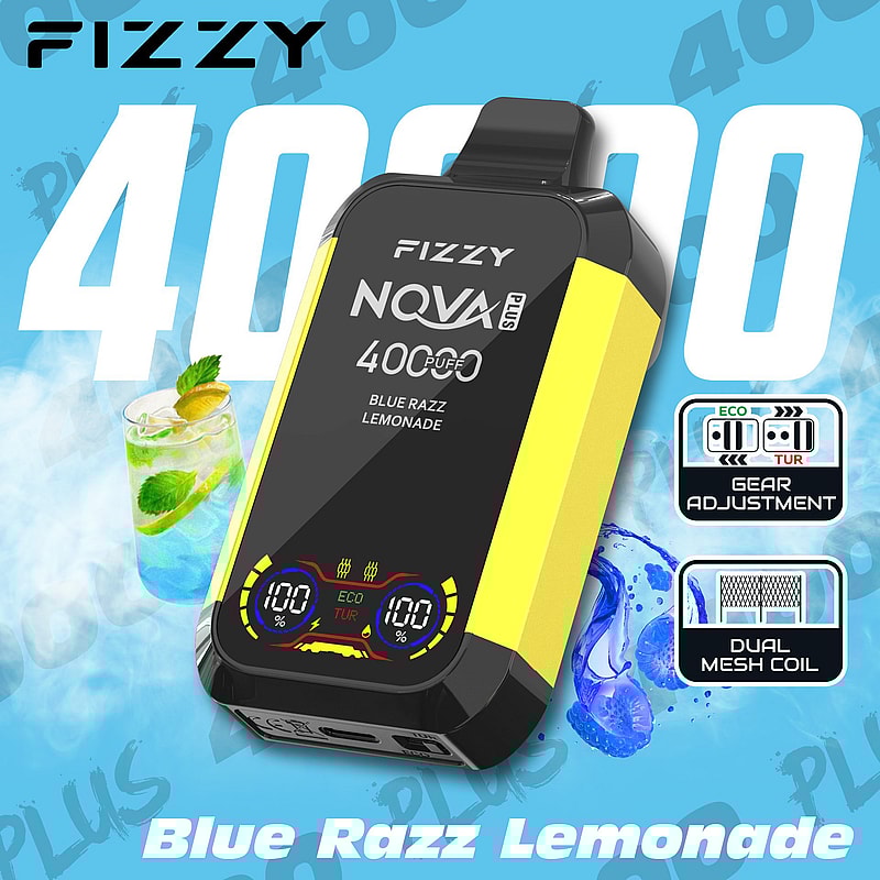 Imagen promocional del dispositivo de vapeo NQVA Plus de Fizzy con tecnología de bobina de malla dual y configuraciones de ajuste de engranajes, con un sabor etiquetado como Blue Razz Lemonade sobre un fondo azul vibrante.