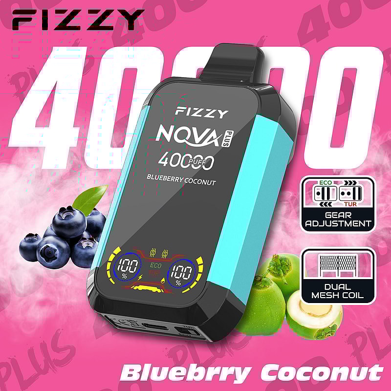 Imagen promocional del dispositivo de vapeo Fizzy NQVA Plus en sabor a arándano y coco, resaltando características como 400 bocanadas, ajuste de engranajes eco y turbo y resistencia de malla doble, rodeada de imágenes de arándanos y coco sobre un fondo rosa.