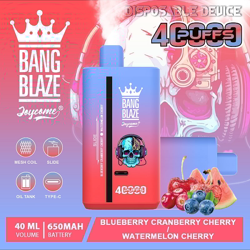 Promotional image featuring the Bang Blaze disposable vape by Joycome, showcasing a colorful device with a skull design, labeled for flavors Blueberry Cranberry Cherry and Watermelon Cherry, supported by graphical icons for its features like mesh coil, slide mechanism, oil tank, and Type-C charging, with specifications of 40ml volume and 650mAh battery, and highlighting 4000 puffs usage capacity.