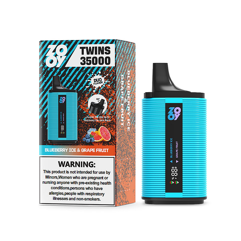 Un dispositivo de vapeo electrónico azul junto a su empaque, que muestra la marca "Zoooy Twins", opciones de sabor "Blueberry Ice & Grape Fruit" y una advertencia de salud sobre su uso.