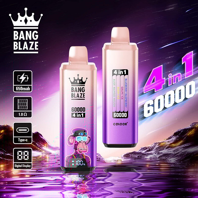 Imagen promocional que muestra dos dispositivos de vapeo recargables Bang Blaze 4 en 1 con una batería de 650 mAh, pantalla digital y opciones de sabor sobre un fondo escénico de color violeta y naranja vibrante.