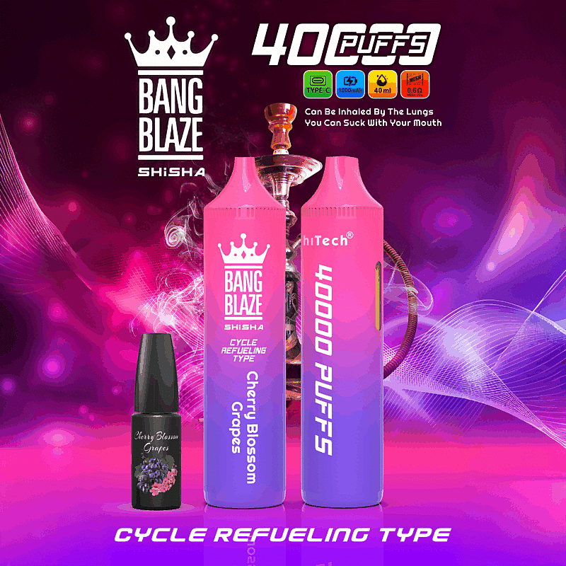 Reklambild för Bang Blaze Shisha, som framhäver dess smak av körsbärsblomsdruvor, med en rosa och lila vaporizer med logotypen "40000 Puffs", mot en livfull, färgglad bakgrund med en mindre vape-juiceflaska framför.
