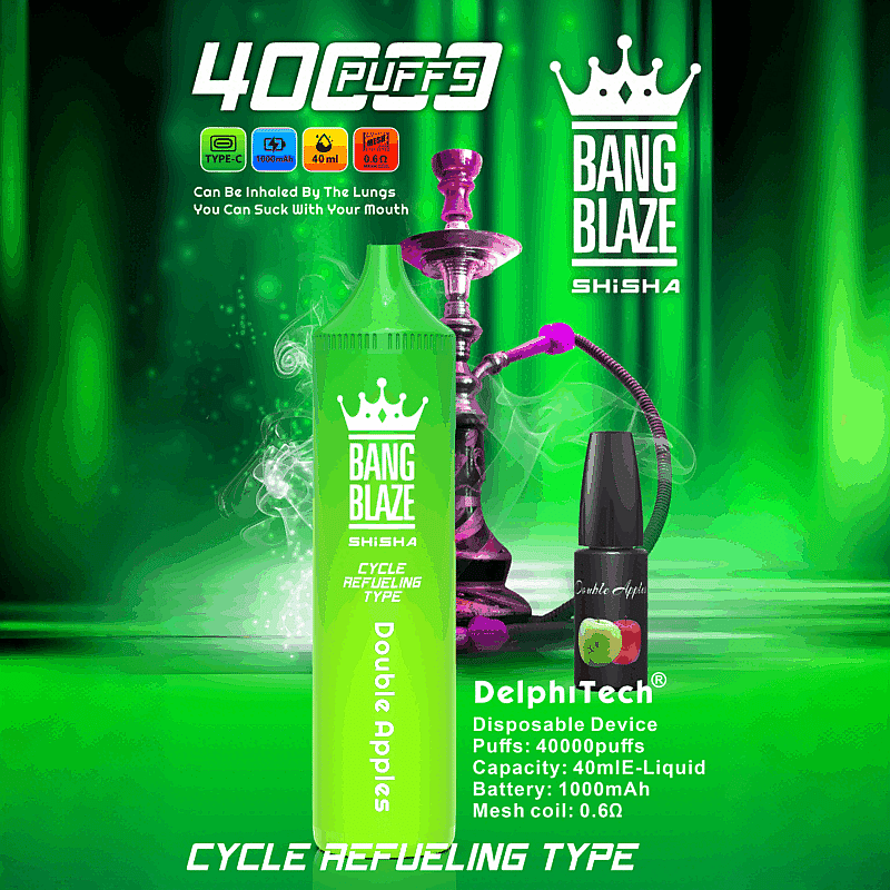 Reklambild för Bang Blaze Shisha med smaken Double Apples i en livfull grön design med specifikationer som räcker till 40 000 bloss, 1000 mAh batteri, 0,6Ω mesh-spole och 40 ml e-vätska.