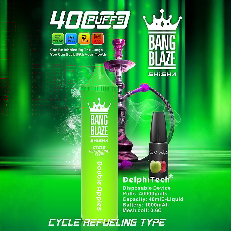 Image promotionnelle pour Bang Blaze Shisha avec la saveur Double Apples dans un design vert vif avec des spécifications comprenant 40 000 bouffées, une batterie de 1 000 mAh, une bobine en maille de 0,6 Ω et une capacité d'e-liquide de 40 ml.