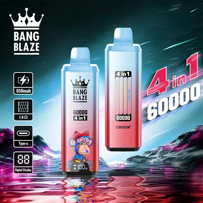 Dos dispositivos de vapeo etiquetados como "Bang Blaze 60000 4 en 1" con varios sabores mostrados sobre un fondo vibrante; presenta especificaciones como batería de 650 mAh, carga tipo C y una pantalla digital.