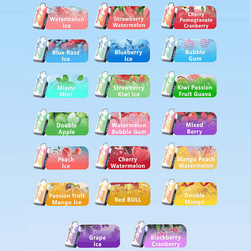 Una colección de sabores de vape OXVA mostrados sobre un fondo azul, cada sabor se muestra con su imagen de dispositivo de vape correspondiente, incluidas variedades como Watermelon Ice, Blueberry Ice, Kiwi Passion Fruit Guava, Red Bull y Grape Ice.