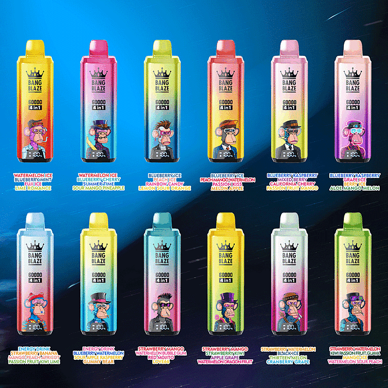Una exhibición de 12 vapeadores desechables Bang Blaze, cada uno con un color vibrante único que representa diferentes combinaciones de sabores, listadas en la parte inferior. Cada vape presenta un colorido dibujo animado de un mono con accesorios únicos, sobre un fondo oscuro degradado.
