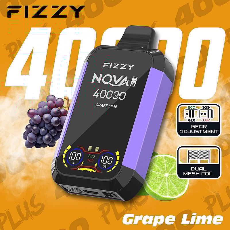 Anuncio colorido del vaporizador Fizzy NQVA Plus con sabor a uva y lima, destacando su capacidad de 4000 bocanadas, ajuste de engranajes y características de bobina de malla doble, sobre un fondo naranja con imágenes de uvas y lima.