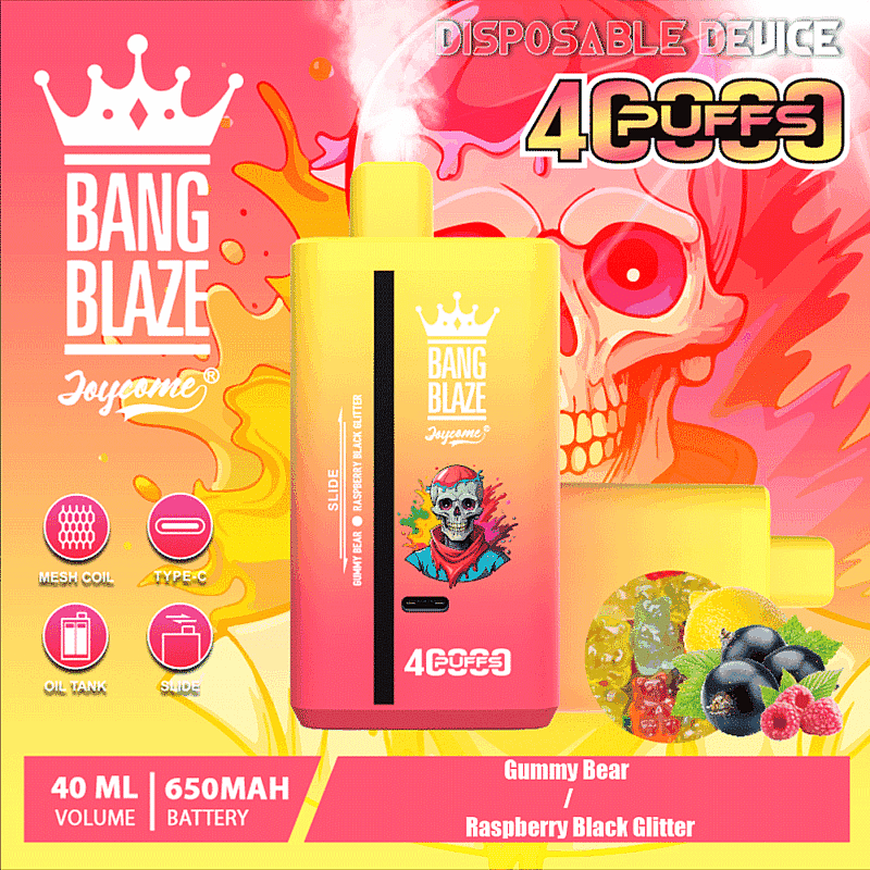 Promotional image for Bang Blaze Joycome disposable vape device featuring a bright colorful design, specifications like 40ml volume, 650mAh battery, and flavors including Gummy Bear and Raspberry Black Glitter.