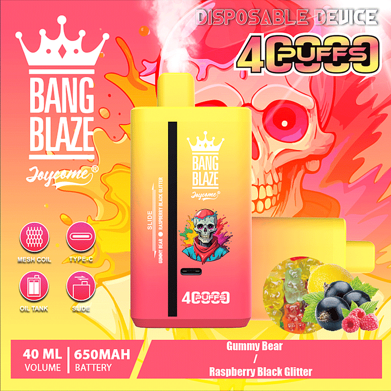 Immagine promozionale per il dispositivo di svapo usa e getta Bang Blaze Joycome, caratterizzato da un design colorato e luminoso, specifiche come volume di 40 ml, batteria da 650 mAh e gusti tra cui Gummy Bear e Raspberry Black Glitter.