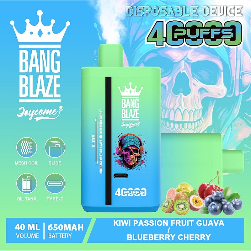 Promotional image of Bang Blaze disposable vaping device featuring a blue and green design, offering kiwi passion fruit guava and blueberry cherry flavors with 40ml capacity and 650mAh battery, against a stylized skull background.