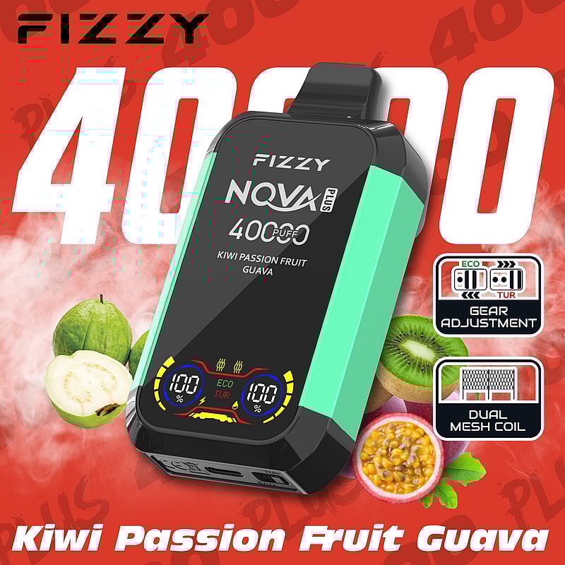 Promoción del dispositivo de vapeo Fizzy NQVA Plus con sabores a kiwi, maracuyá y guayaba, destacando 400 bocanadas, ajuste de engranaje y bobina de malla doble sobre un fondo rojo.