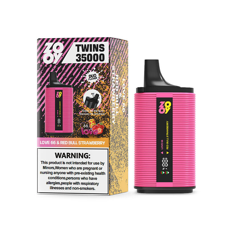 Un dispositivo de vapeo de color rosa brillante junto a su caja correspondiente que presenta las etiquetas 'Zooy Twins 35000' y 'Love 66 & Red Bull Strawberry' con información de advertencia mostrada.