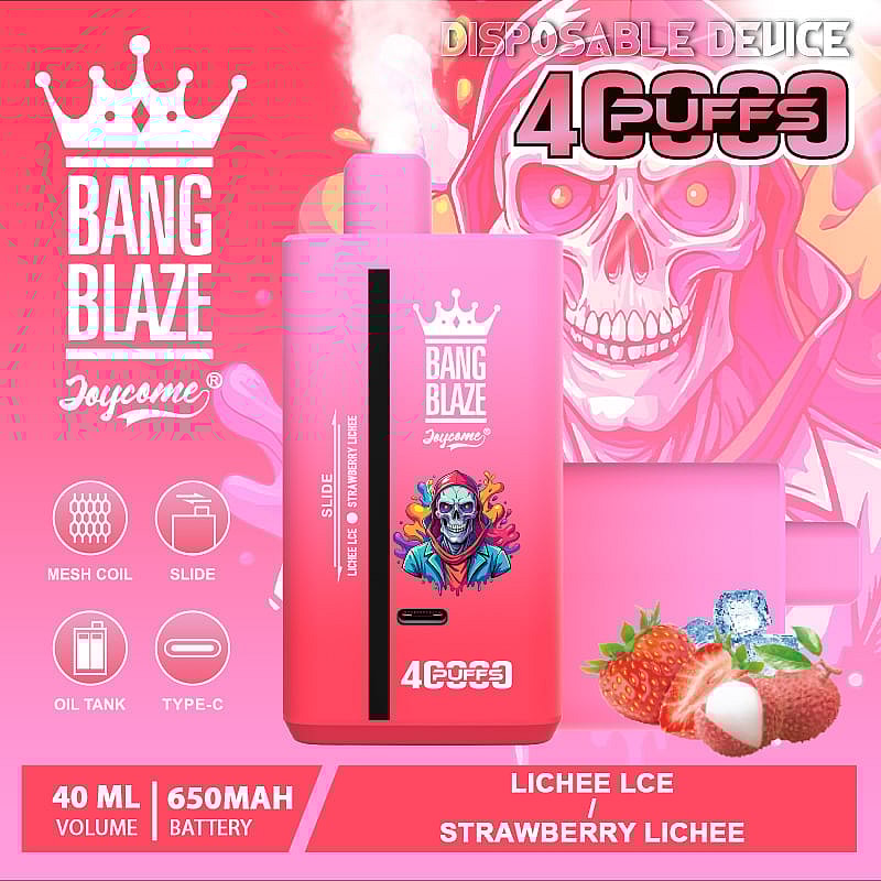 Promotional image for Bang Blaze disposable vape device featuring a pink design with crown branding, product details including 40ml volume, 650mAh battery, mesh coil, and Type-C port, depicted with surrounding fruit imagery of lychee, strawberries, and ice cubes.