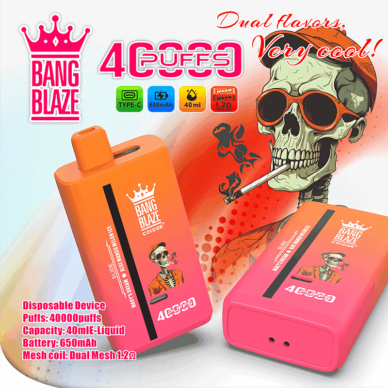 Promotional image displaying two Bang Blaze disposable vaping devices with vibrant orange and pink gradient colors, featuring specifications such as 40000 puffs, 40ml liquid capacity, 650mAh battery, and dual mesh coils; accompanied by a stylized skeletal figure with sunglasses and a cap smoking in a colorful background.