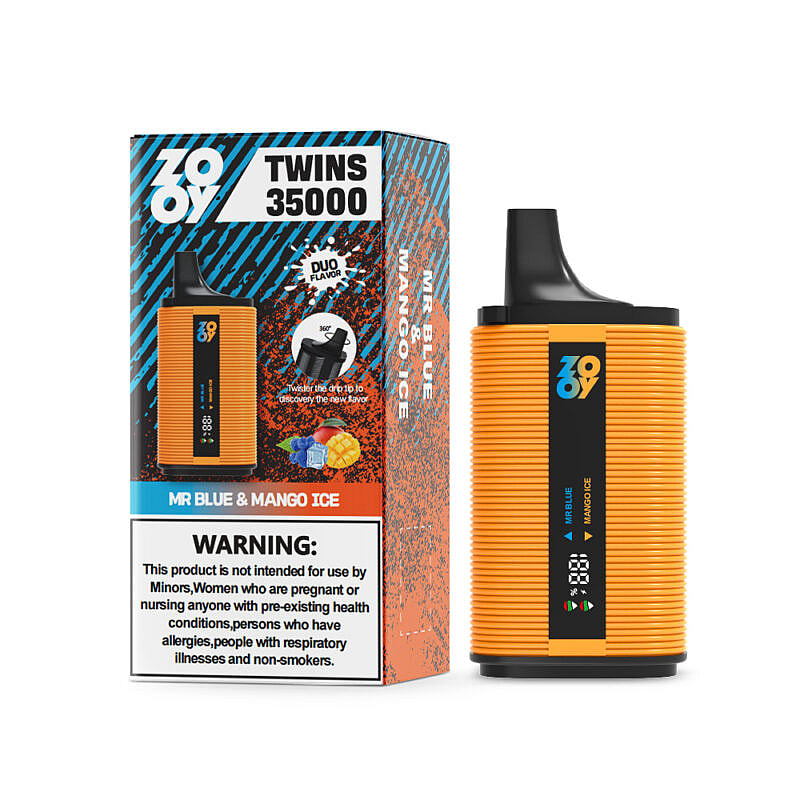 Empaque y dispositivo de producto de vapor de colores brillantes etiquetados como 'Twins 35000' con sabores duales Mr. Blue y Mango Ice con una advertencia sobre restricciones de uso.