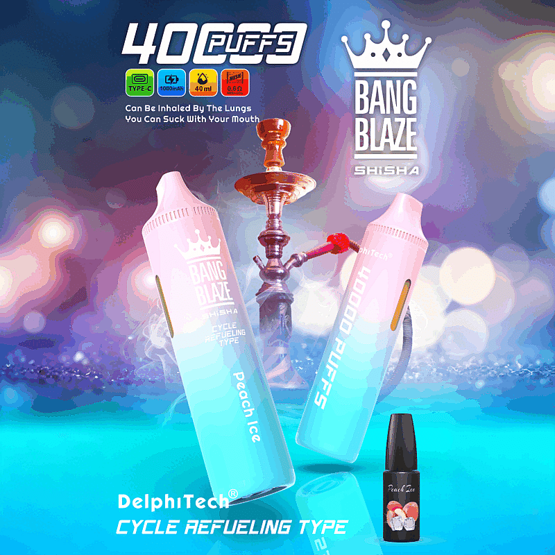 Reklam för Bang Blaze Shisha med vape-enheter märkta "Peach Ice" med 40 000 bloss, tillsammans med fet text och färgglada designelement, mot en suddig bakgrund med en vattenpipa.