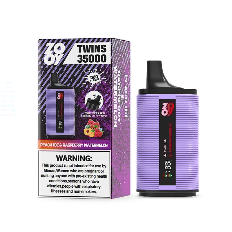 Embalaje y dispositivo de vapeo morado para ZOOV Twins 35000 con dos sabores: Peach Ice y Raspberry Watermelon, con una advertencia de salud mostrada.